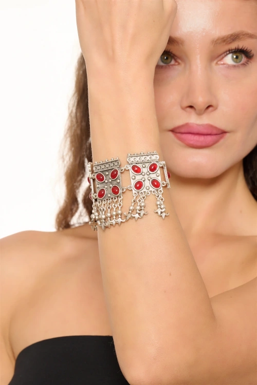Kiraz Burgundy Stoned Silver Plated Bracelet