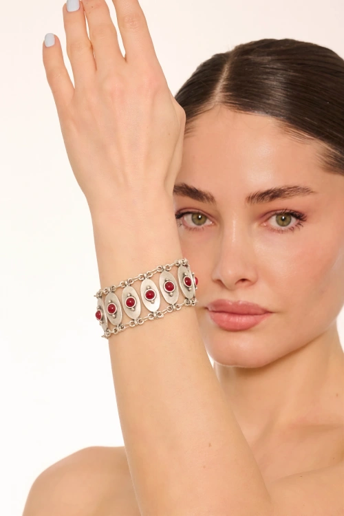 Kiraz Burgundy Stoned Silver Plated Bracelet