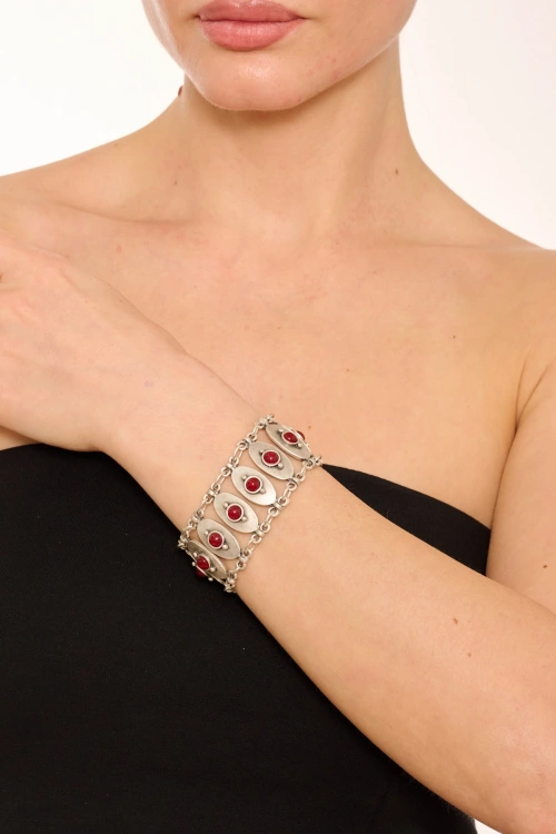 Kiraz Burgundy Stoned Silver Plated Bracelet