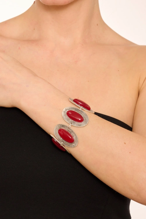 Kiraz Burgundy Stoned Silver Plated Bracelet