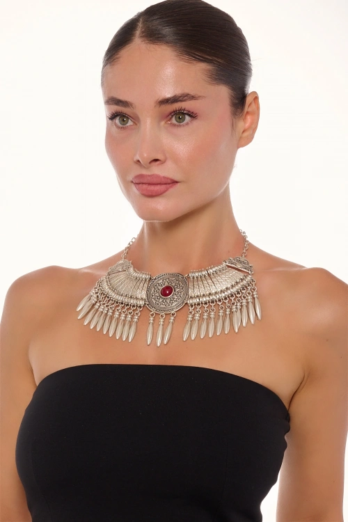 Kiraz Burgundy Stoned Silver Plated Cleopatra Necklace