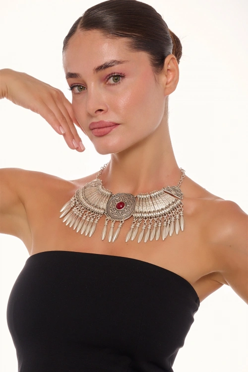 Kiraz Burgundy Stoned Silver Plated Cleopatra Necklace