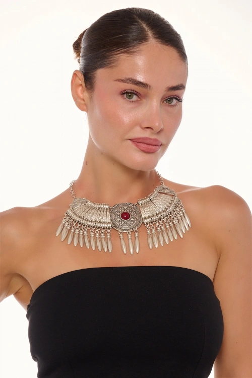 Kiraz Burgundy Stoned Silver Plated Cleopatra Necklace