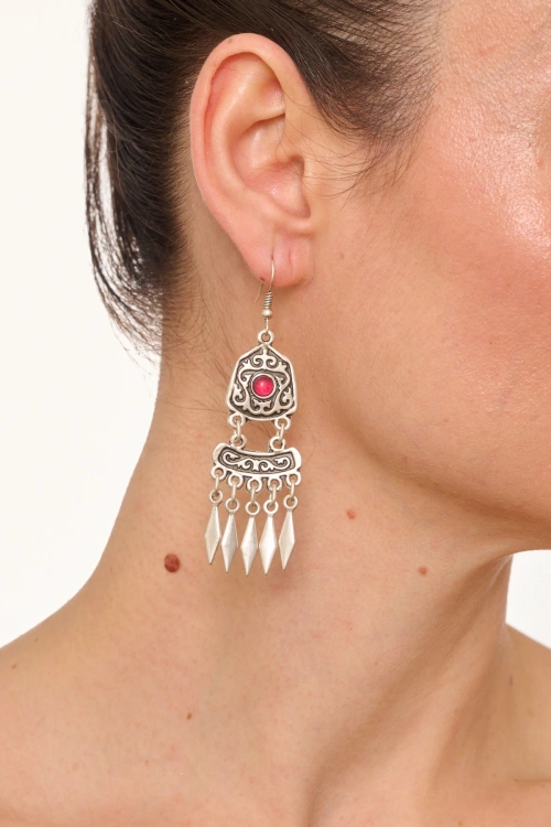 Kiraz Burgundy Stoned Silver Plated Dangling Earring