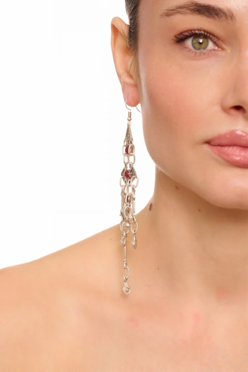 Kiraz Burgundy Stoned Silver Plated Dangling Earring