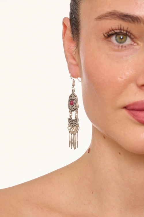 Kiraz Burgundy Stoned Silver Plated Dangling Earring
