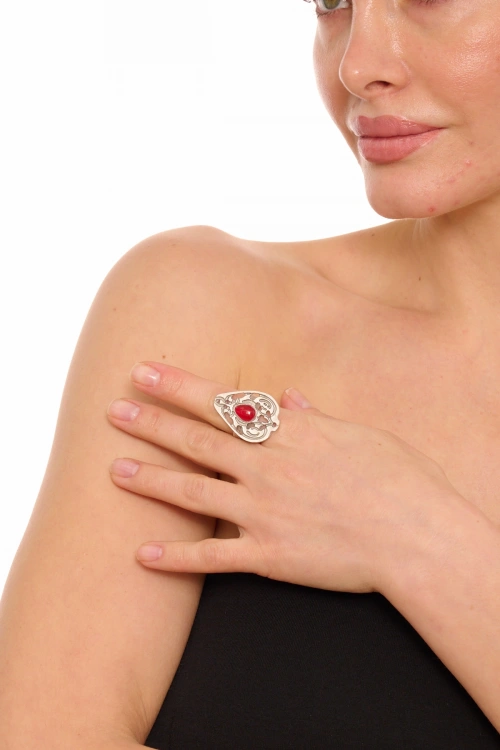 Kiraz Burgundy Stoned Silver Plated Drop Ring