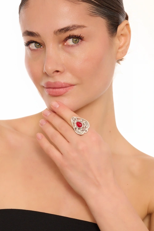 Kiraz Burgundy Stoned Silver Plated Drop Ring