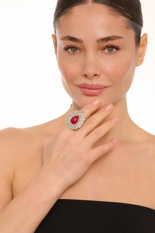 Kiraz Burgundy Stoned Silver Plated Drop Ring
