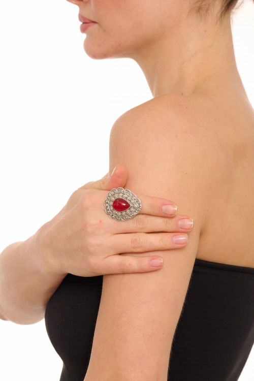Kiraz Burgundy Stoned Silver Plated Drop Ring