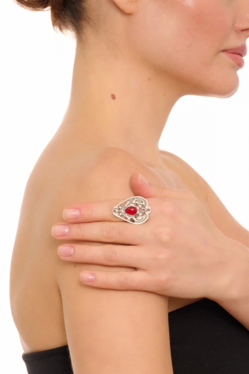 Kiraz Burgundy Stoned Silver Plated Drop Ring