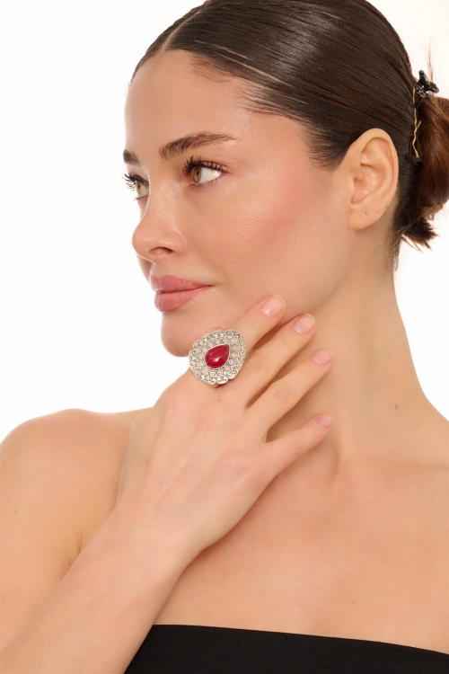 Kiraz Burgundy Stoned Silver Plated Drop Ring