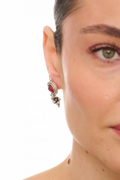 Kiraz Burgundy Stoned Silver Plated Earring