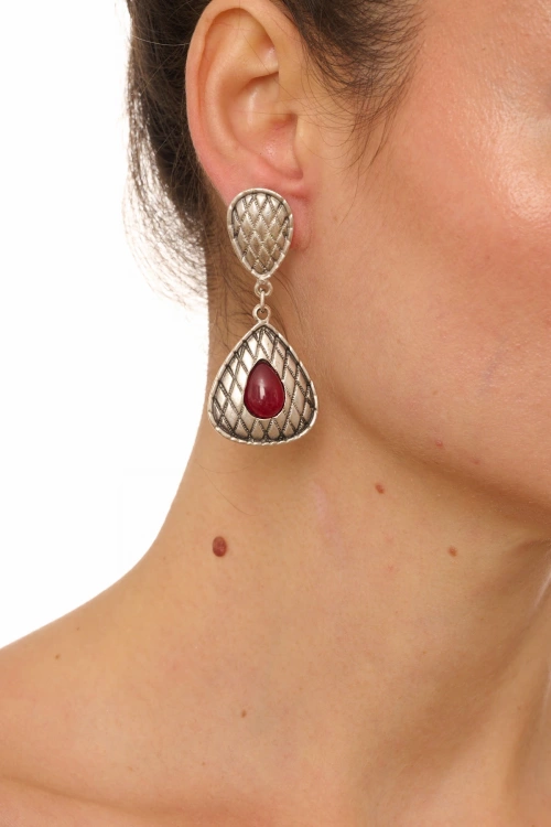 Kiraz Burgundy Stoned Silver Plated Earring