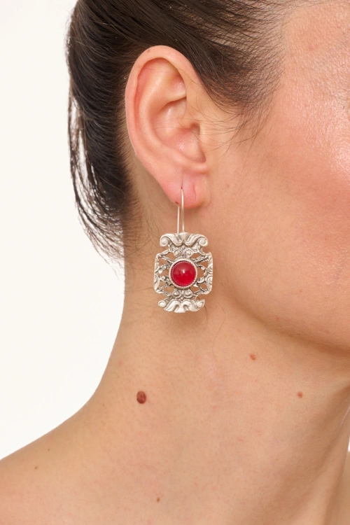 Kiraz Burgundy Stoned Silver Plated Earring