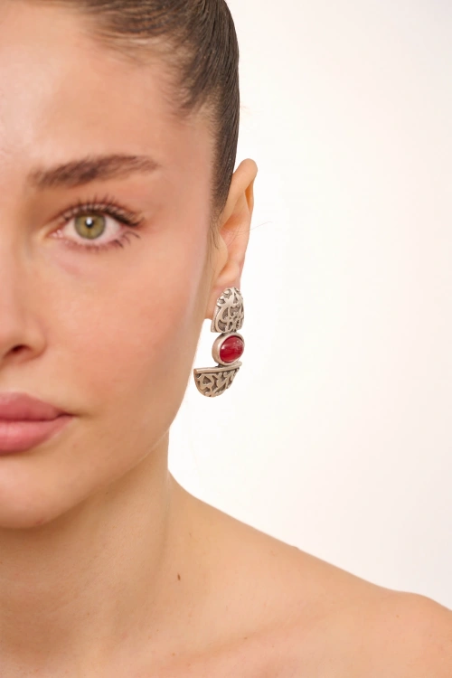 Kiraz Burgundy Stoned Silver Plated Earring