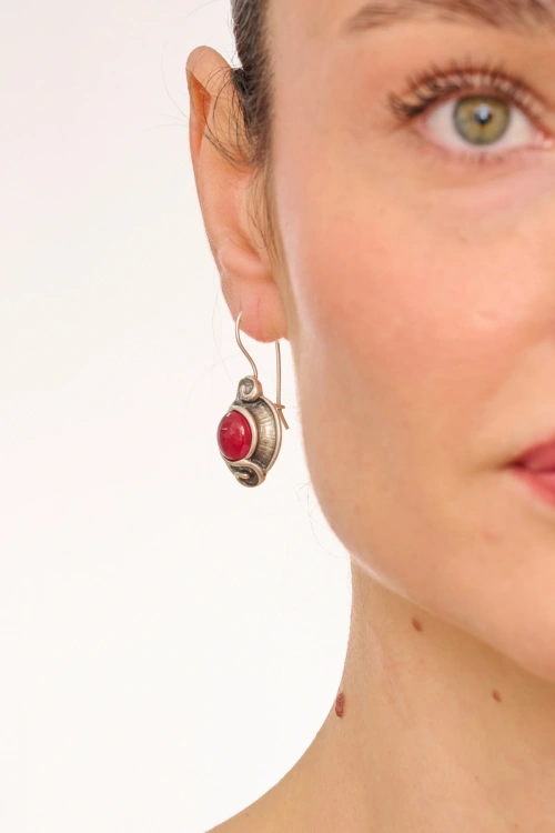 Kiraz Burgundy Stoned Silver Plated Earring