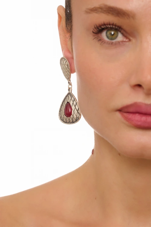 Kiraz Burgundy Stoned Silver Plated Earring