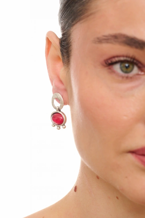 Kiraz Burgundy Stoned Silver Plated Earring
