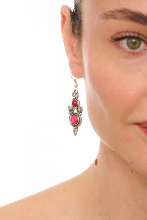 Kiraz Burgundy Stoned Silver Plated Earring