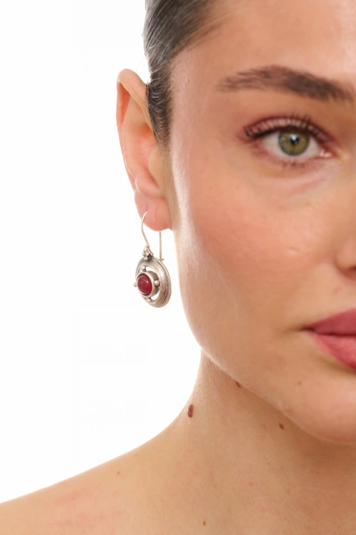 Kiraz Burgundy Stoned Silver Plated Earring