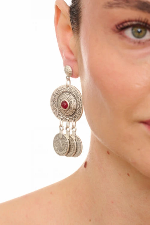 Kiraz Burgundy Stoned Silver Plated Earring