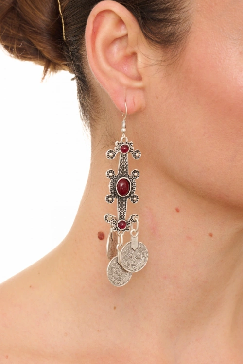 Kiraz Burgundy Stoned Silver Plated Earring