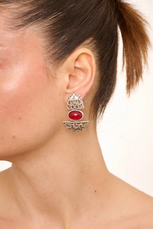 Kiraz Burgundy Stoned Silver Plated Earring
