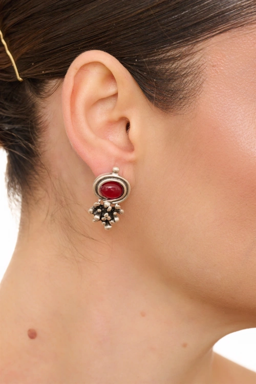 Kiraz Burgundy Stoned Silver Plated Earring