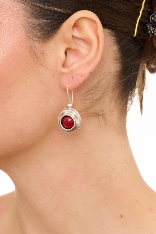 Kiraz Burgundy Stoned Silver Plated Earring