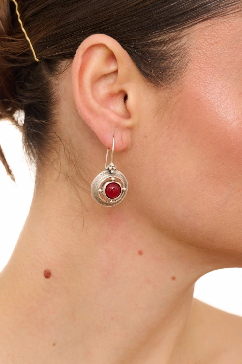 Kiraz Burgundy Stoned Silver Plated Earring