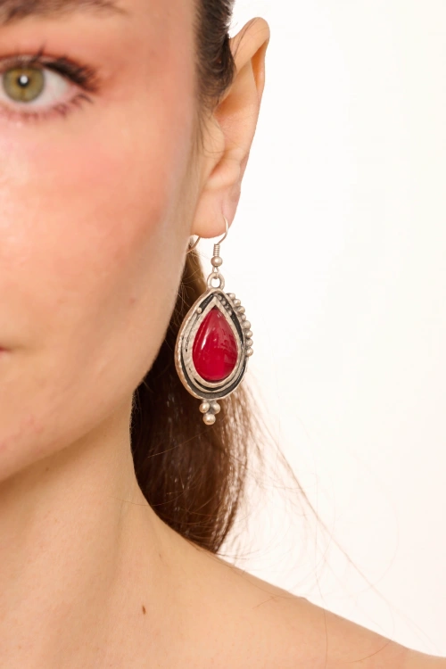 Kiraz Burgundy Stoned Silver Plated Earring