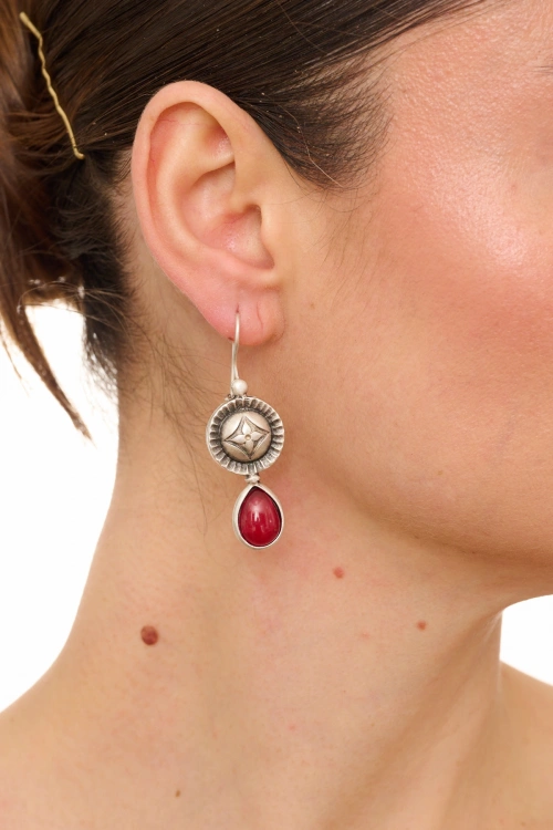 Kiraz Burgundy Stoned Silver Plated Earring