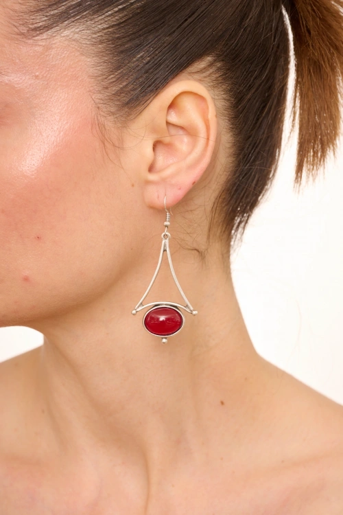 Kiraz Burgundy Stoned Silver Plated Earring