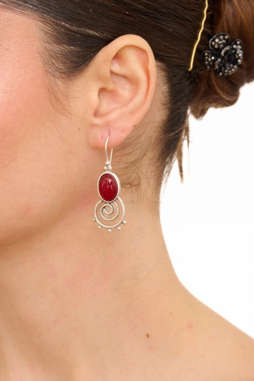 Kiraz Burgundy Stoned Silver Plated Earring