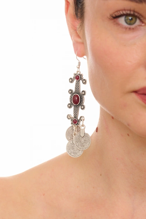 Kiraz Burgundy Stoned Silver Plated Earring
