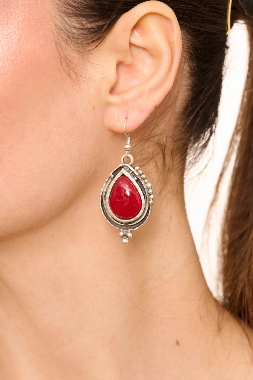Kiraz Burgundy Stoned Silver Plated Earring