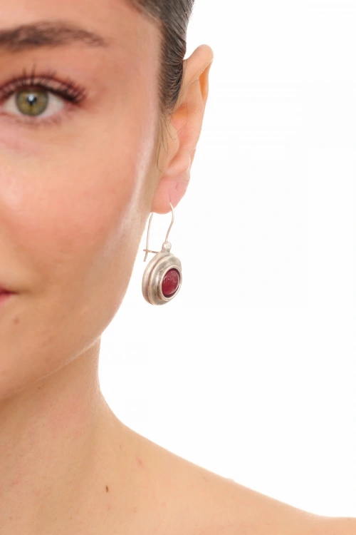Kiraz Burgundy Stoned Silver Plated Earring
