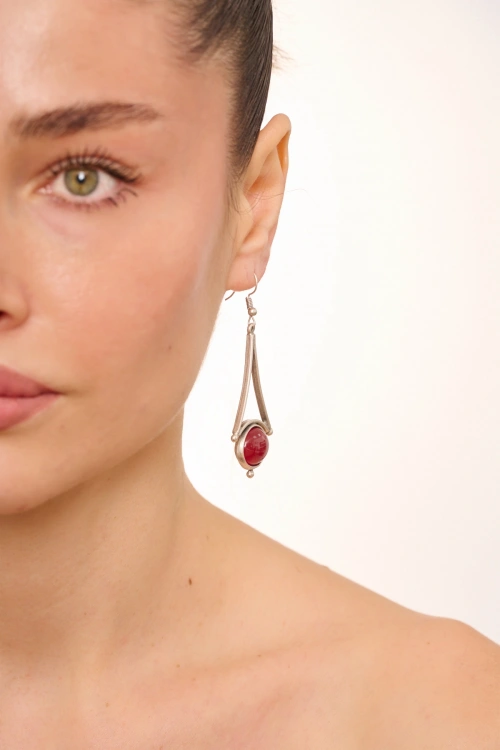 Kiraz Burgundy Stoned Silver Plated Earring