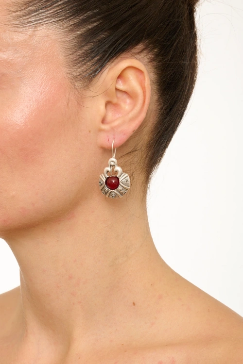 Kiraz Burgundy Stoned Silver Plated Earring