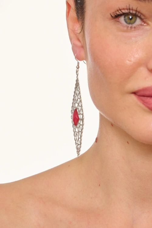 Kiraz Burgundy Stoned Silver Plated Earring