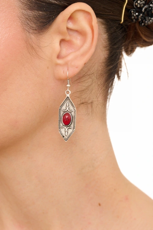 Kiraz Burgundy Stoned Silver Plated Earring