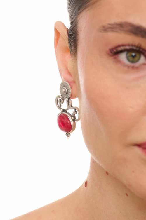 Kiraz Burgundy Stoned Silver Plated Earring