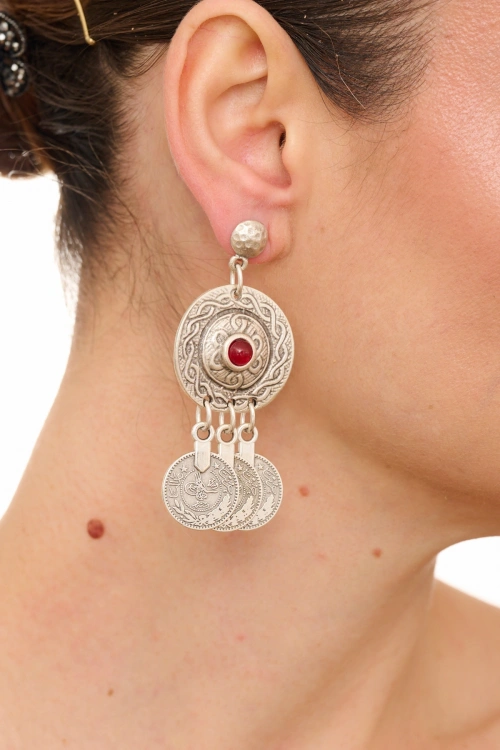 Kiraz Burgundy Stoned Silver Plated Earring