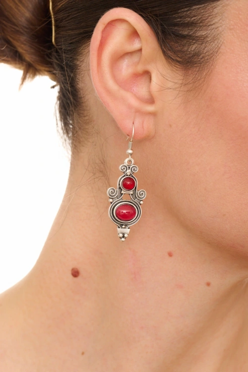 Kiraz Burgundy Stoned Silver Plated Earring