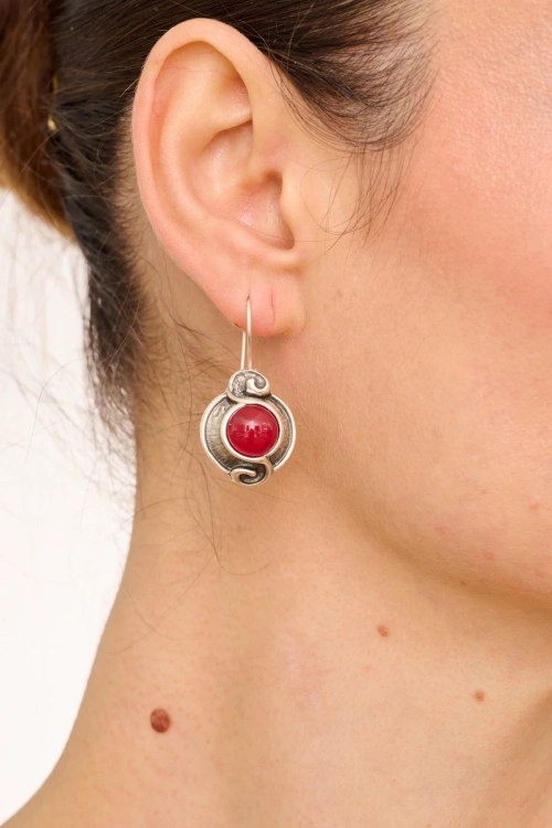Kiraz Burgundy Stoned Silver Plated Earring