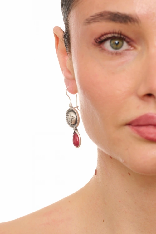 Kiraz Burgundy Stoned Silver Plated Earring