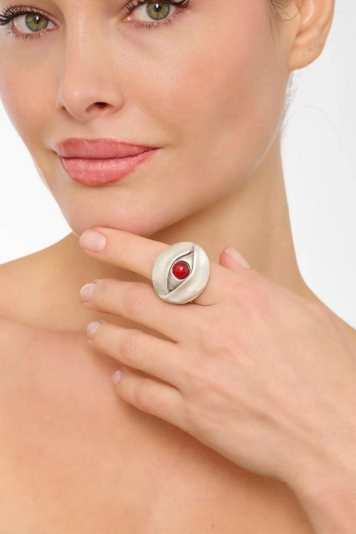 Kiraz Burgundy Stoned Silver Plated Eye Ring