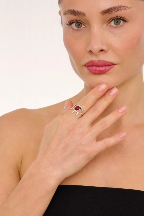 Kiraz Burgundy Stoned Silver Plated Eye Ring