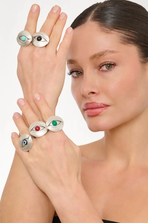 Kiraz Burgundy Stoned Silver Plated Eye Ring